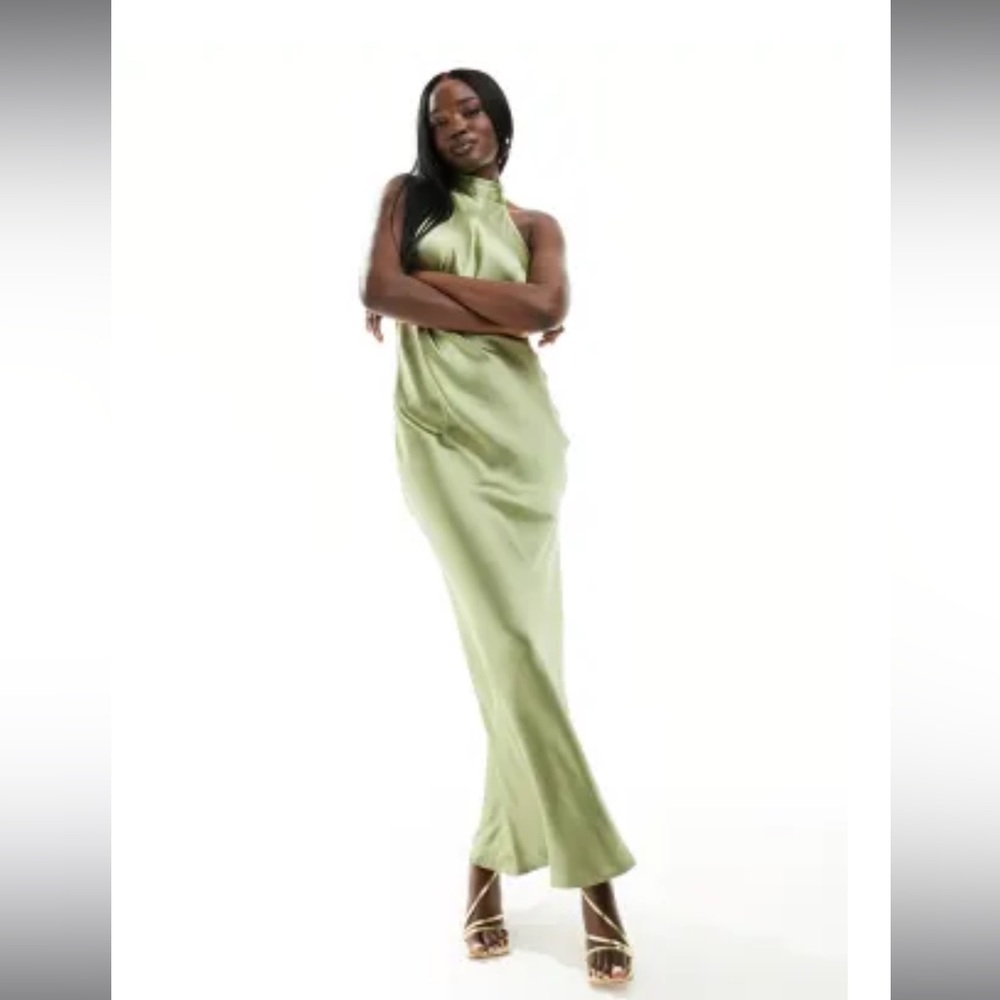Pretty Lavish - Satin Olive Green Backless Halter Gown